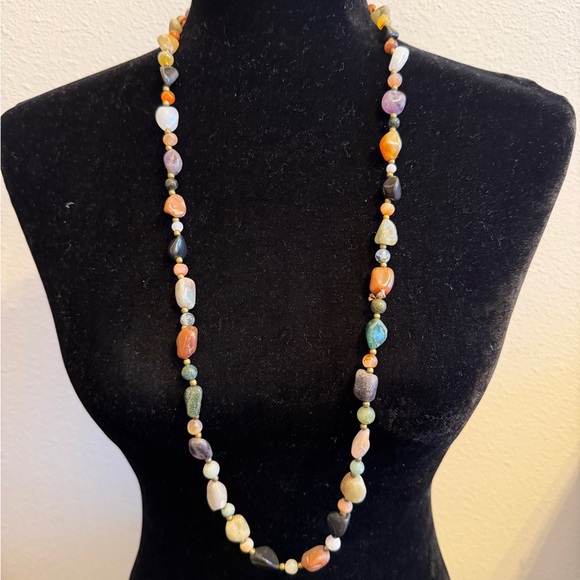 Long Mixed Gemstone Artisan Necklace Boho Natural Stones - Picture 2 of 7
